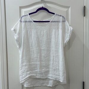 White Lace-Yoke Short Sleeve Blouse - Casual linen Top